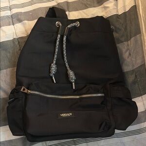 Versace Black Men's Drawstring Backpack with Contrast Rope